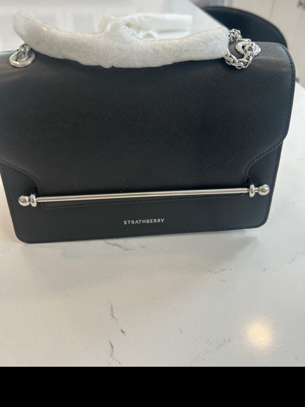 Strathberry East West Black Leather Shoulder Bag with Silver Bar Detail